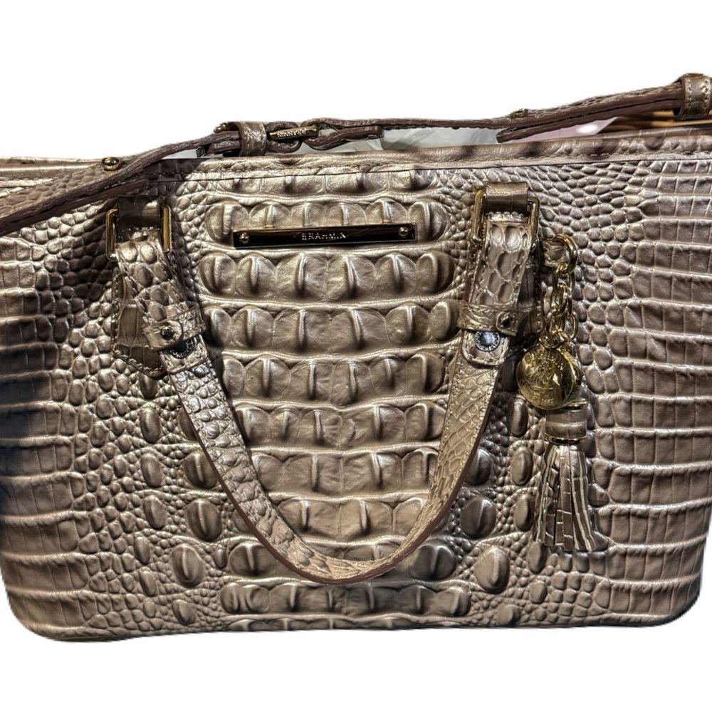 Used Once Brahmin Mini Asher Glazed Silvery Lt. Brown Purse Excellent Condition